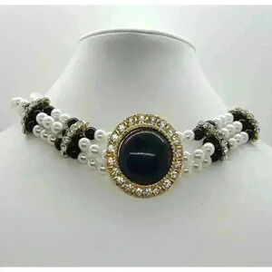 Vintage 3 Strand Faux Pearl Choker Black Pendant & Rhinestones Necklace Classy